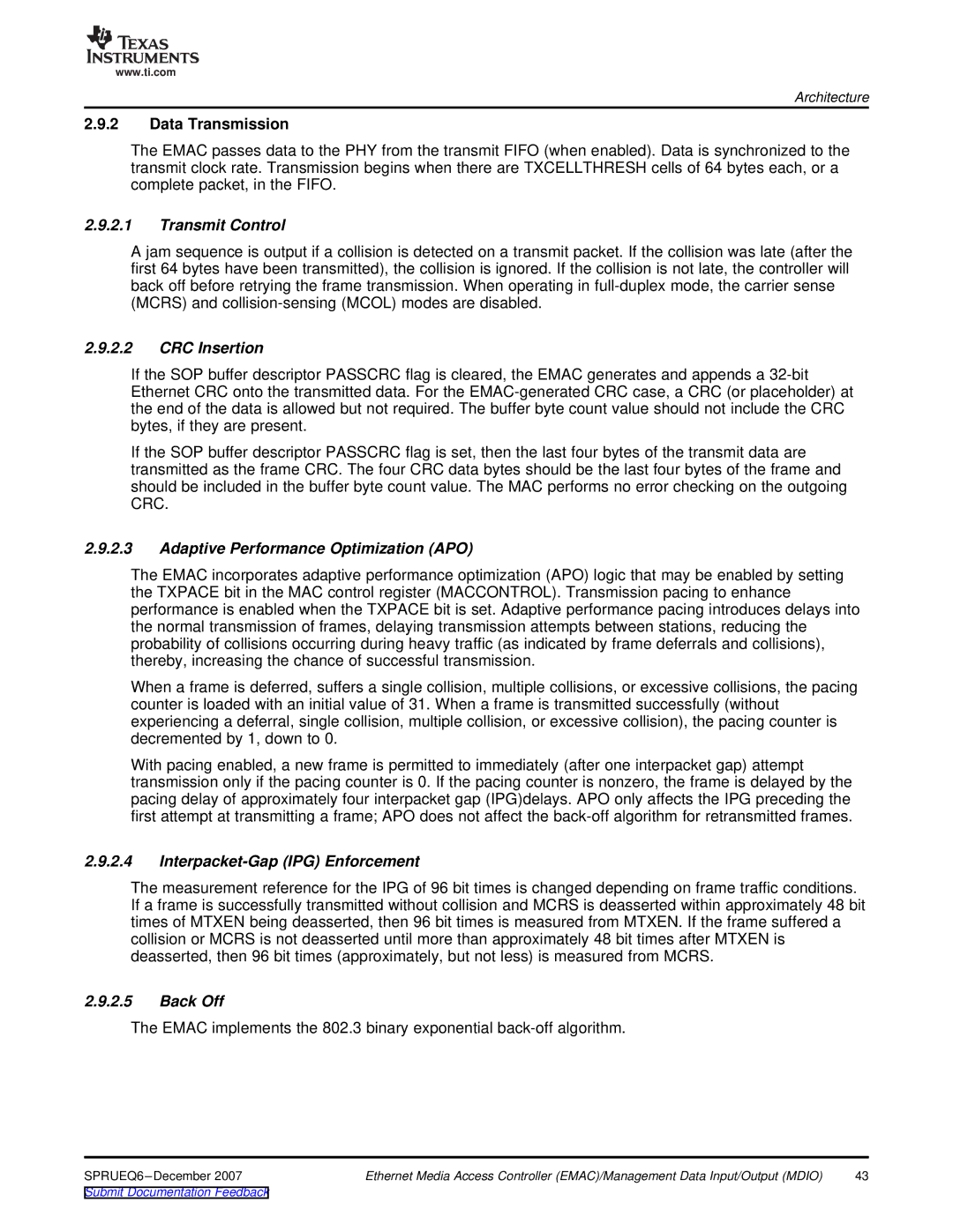 Texas Instruments TMS320DM646x manual Transmit Control, CRC Insertion, Adaptive Performance Optimization APO, Back Off 