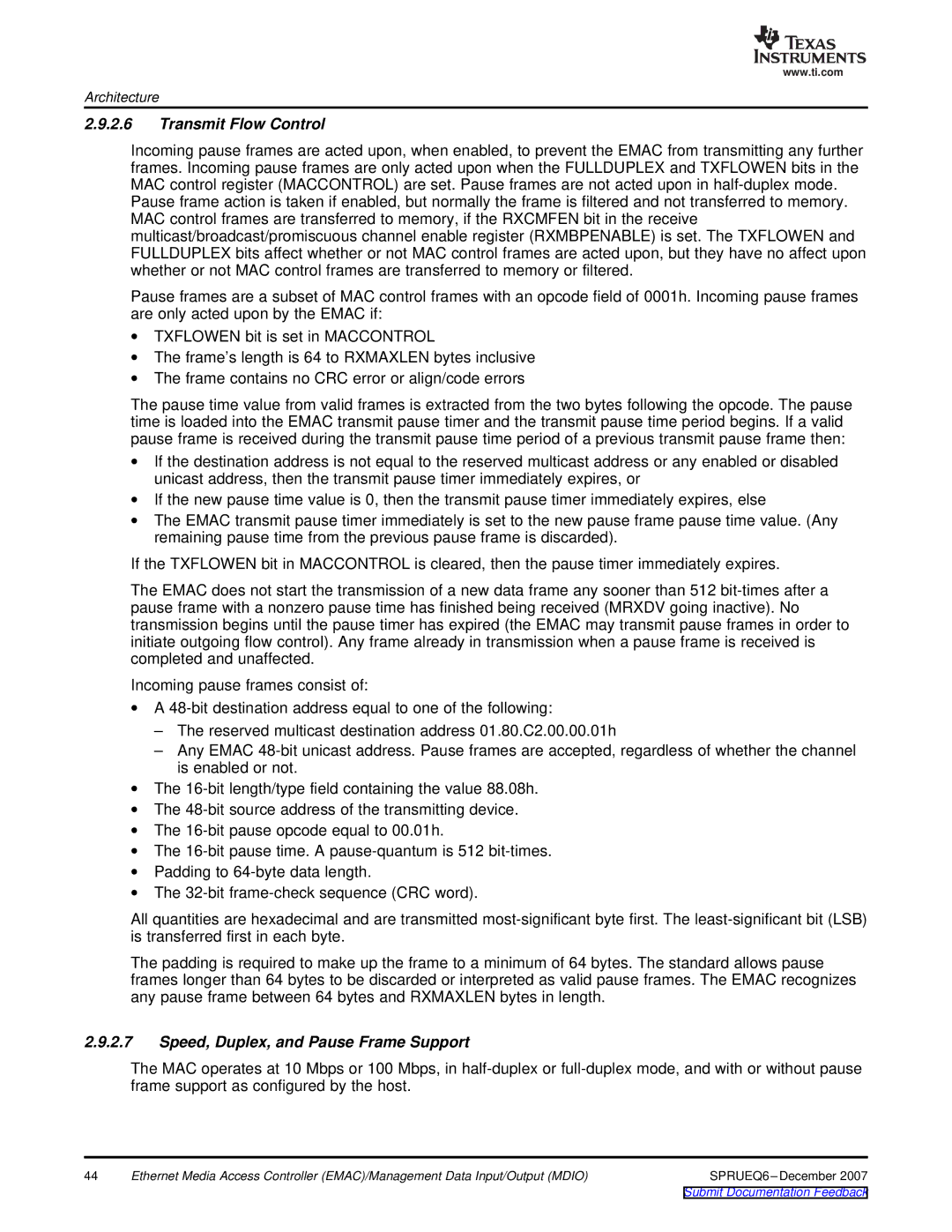 Texas Instruments TMS320DM646x manual Transmit Flow Control, Speed, Duplex, and Pause Frame Support 