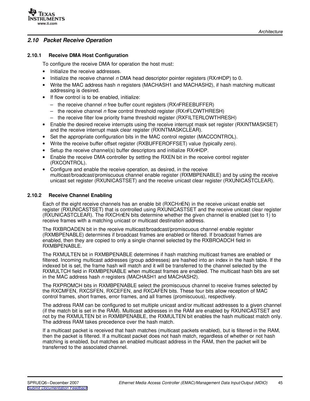 Texas Instruments TMS320DM646x manual Packet Receive Operation, Receive DMA Host Configuration, Receive Channel Enabling 