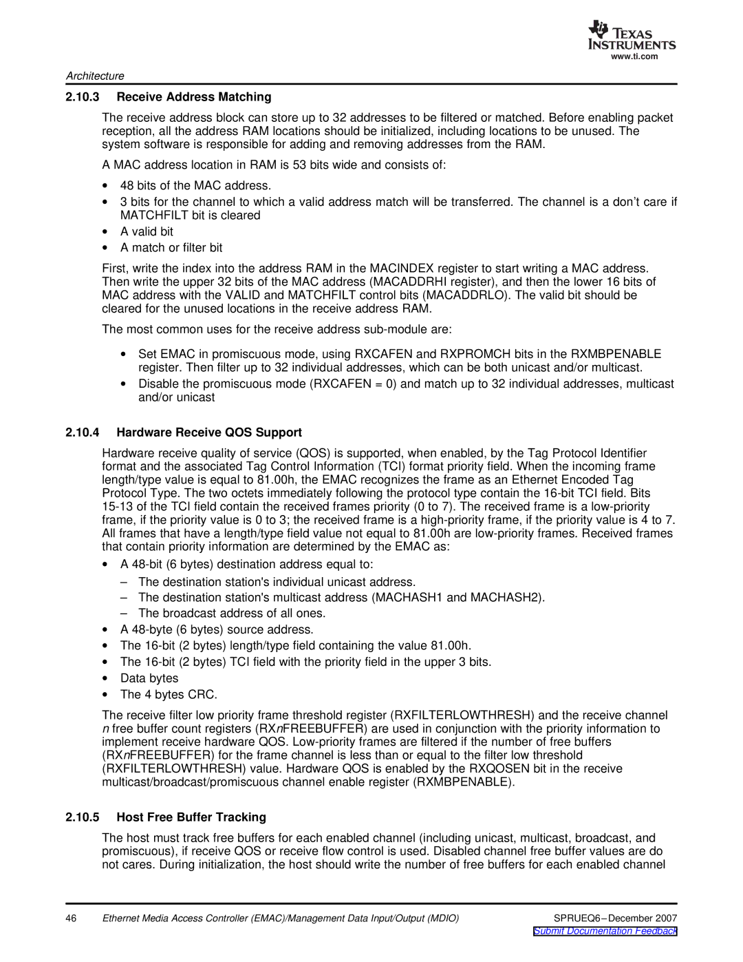 Texas Instruments TMS320DM646x manual Receive Address Matching, Hardware Receive QOS Support, Host Free Buffer Tracking 