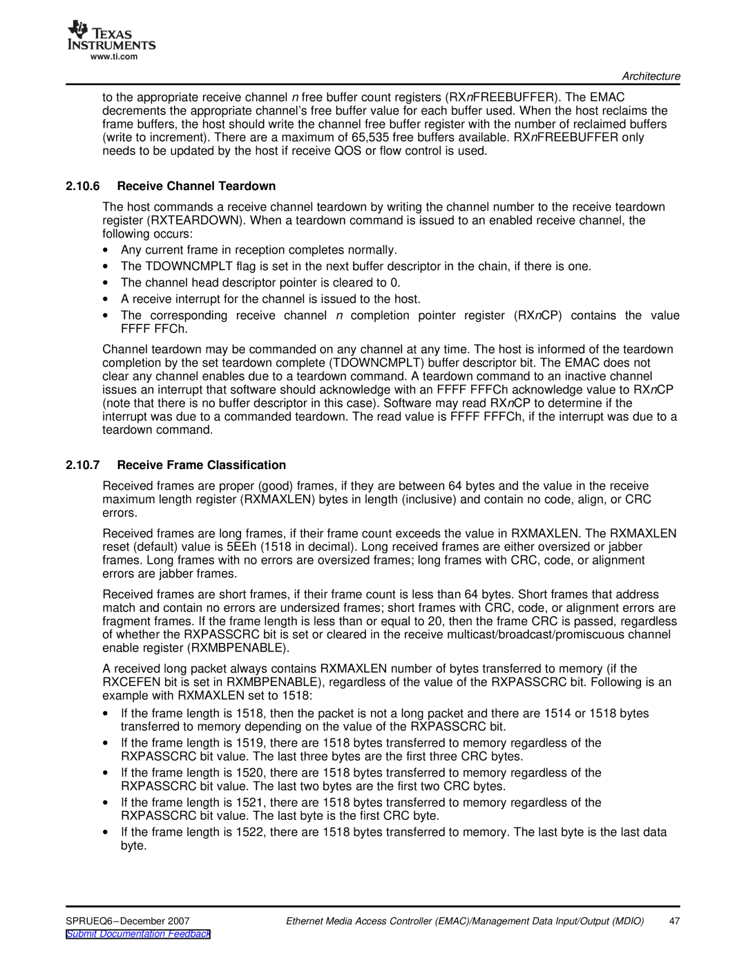 Texas Instruments TMS320DM646x manual Receive Channel Teardown, Receive Frame Classification 