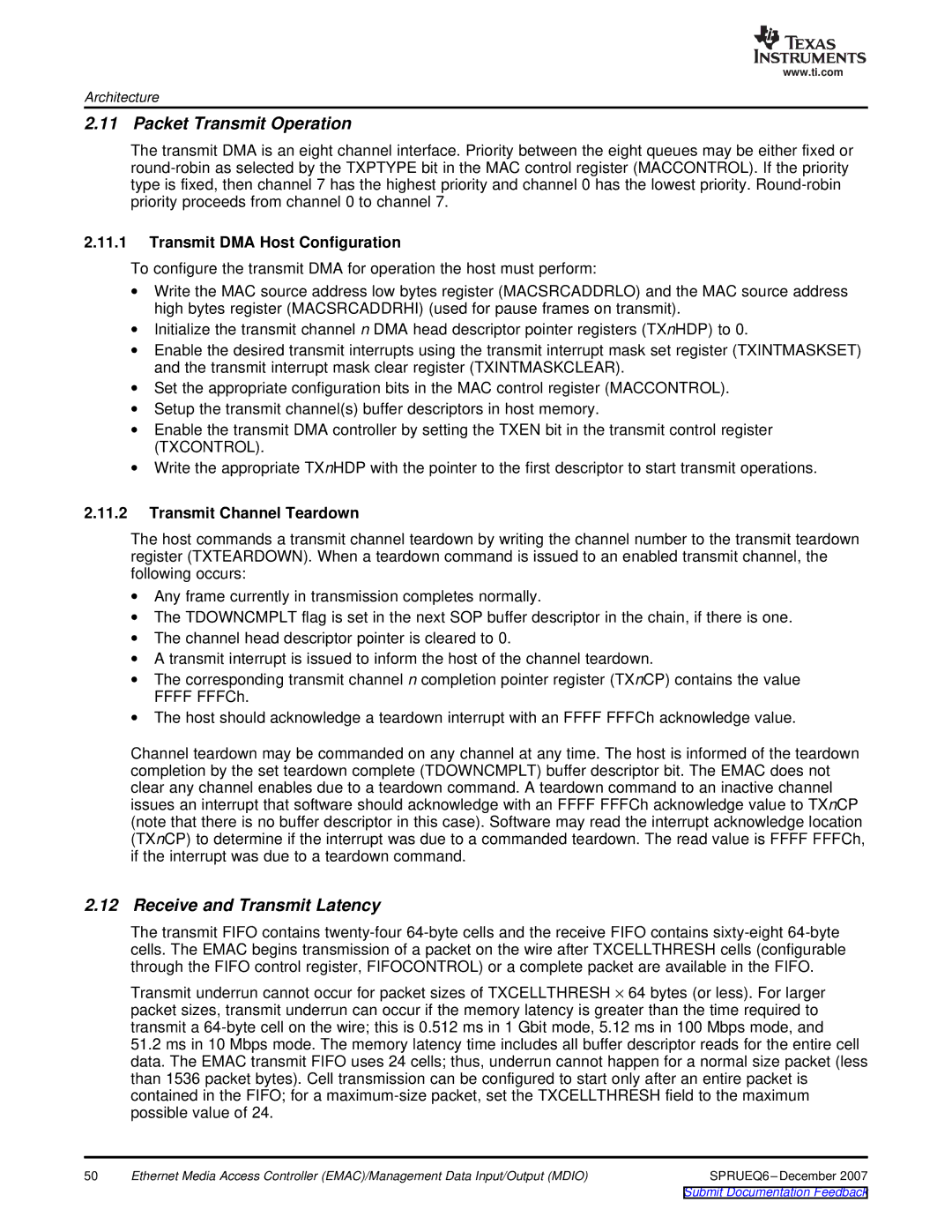 Texas Instruments TMS320DM646x Packet Transmit Operation, Receive and Transmit Latency, Transmit DMA Host Configuration 