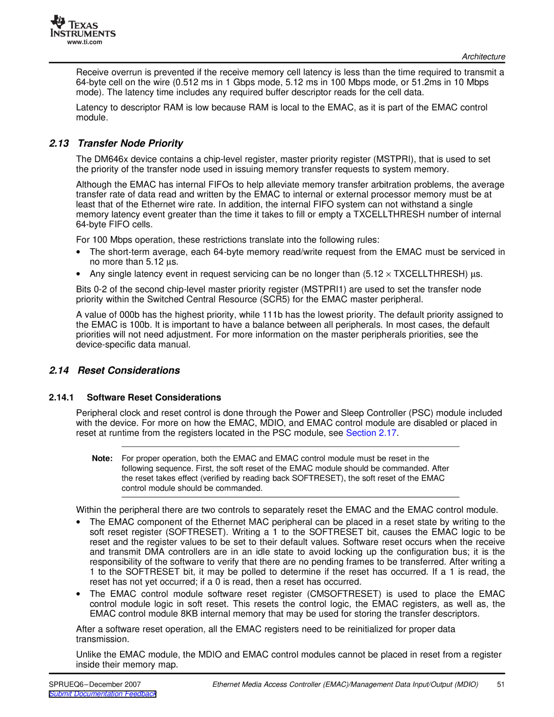 Texas Instruments TMS320DM646x manual Transfer Node Priority, Software Reset Considerations 