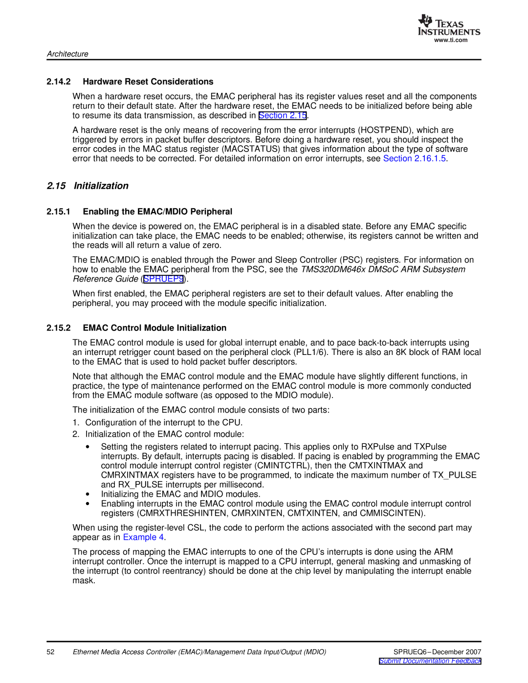 Texas Instruments TMS320DM646x manual Initialization, Hardware Reset Considerations, Enabling the EMAC/MDIO Peripheral 