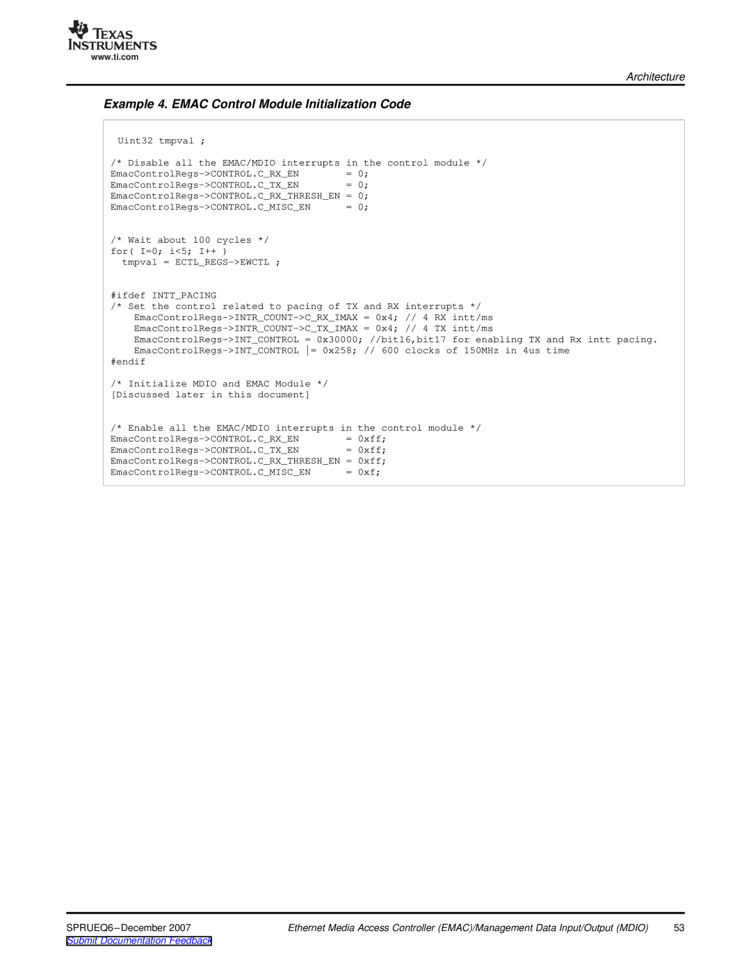 Texas Instruments TMS320DM646x manual Example 4. Emac Control Module Initialization Code, 0xf 