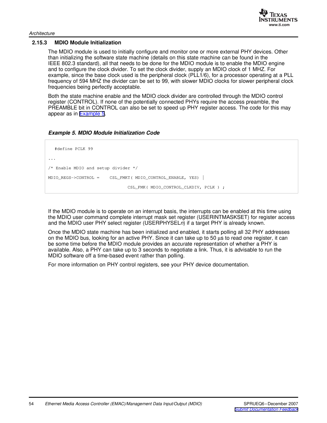 Texas Instruments TMS320DM646x manual Example 5. Mdio Module Initialization Code 