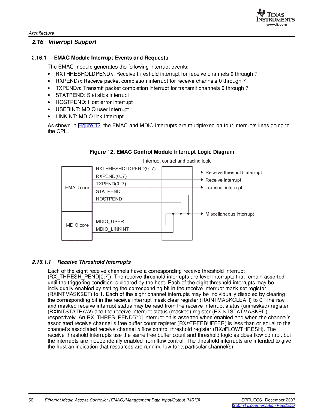 Texas Instruments TMS320DM646x Interrupt Support, Emac Module Interrupt Events and Requests, Receive Threshold Interrupts 