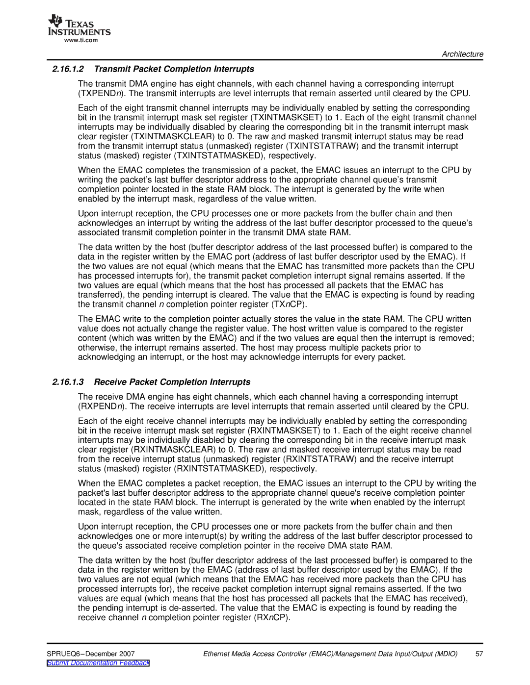 Texas Instruments TMS320DM646x manual Transmit Packet Completion Interrupts, Receive Packet Completion Interrupts 