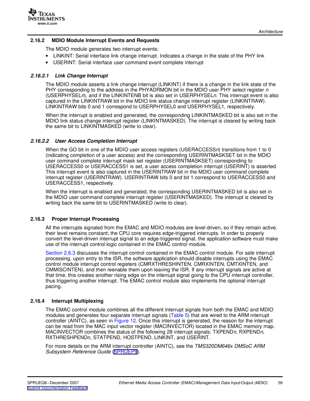 Texas Instruments TMS320DM646x Mdio Module Interrupt Events and Requests, Link Change Interrupt, Interrupt Multiplexing 