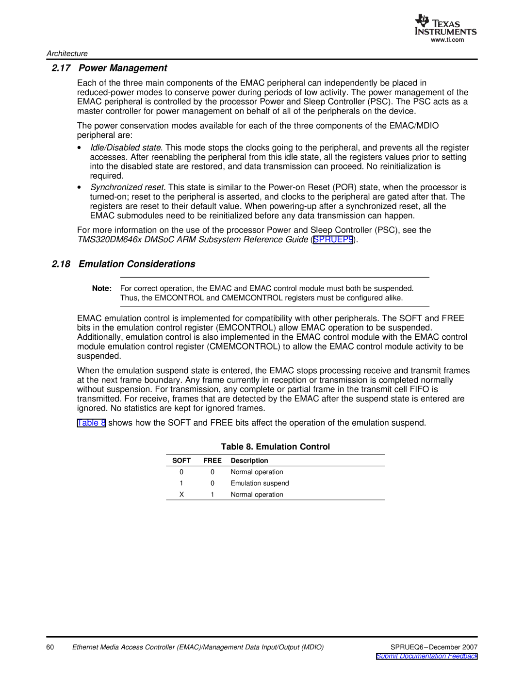 Texas Instruments TMS320DM646x manual Power Management, Emulation Considerations, Emulation Control 