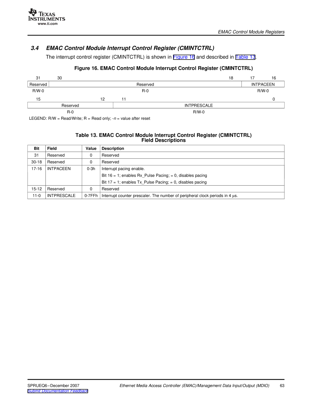 Texas Instruments TMS320DM646x manual Emac Control Module Interrupt Control Register Cmintctrl, Intpaceen, Intprescale 