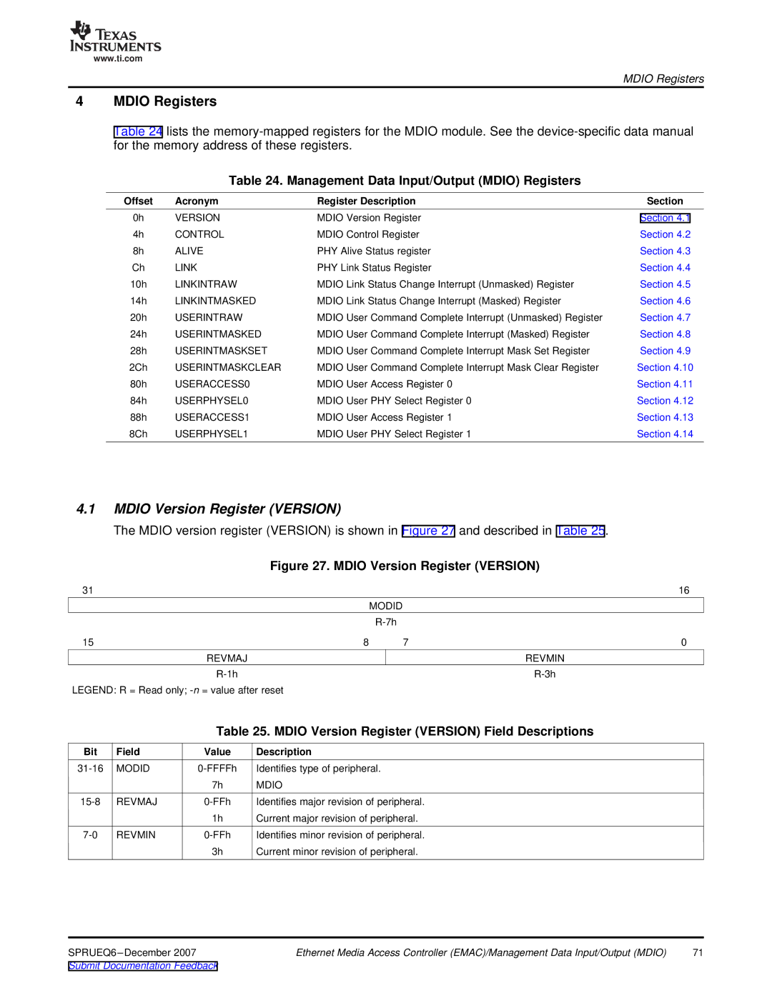 Texas Instruments TMS320DM646x manual Mdio Version Register Version, Management Data Input/Output Mdio Registers 