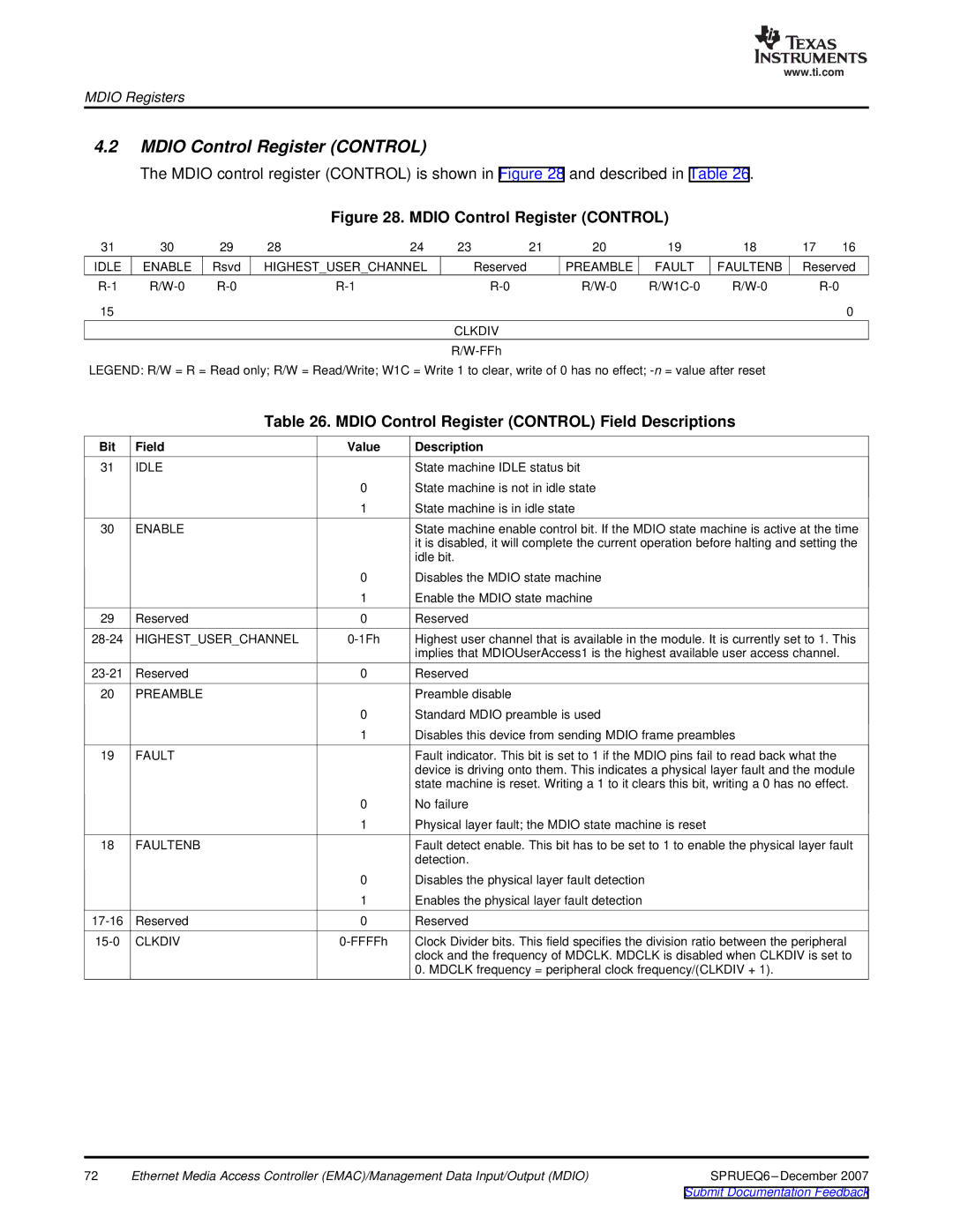 Texas Instruments TMS320DM646x manual Mdio Control Register Control Field Descriptions 