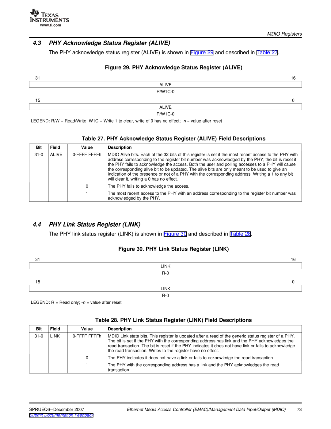 Texas Instruments TMS320DM646x manual PHY Acknowledge Status Register Alive, PHY Link Status Register Link 