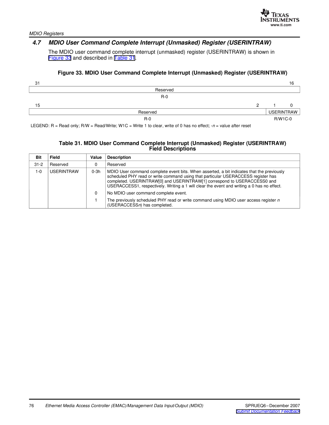 Texas Instruments TMS320DM646x manual No Mdio user command complete event 