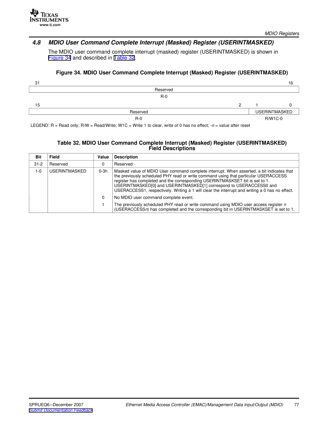 Texas Instruments TMS320DM646x manual USERINTMASKED0 and USERINTMASKED1 correspond to USERACCESS0 