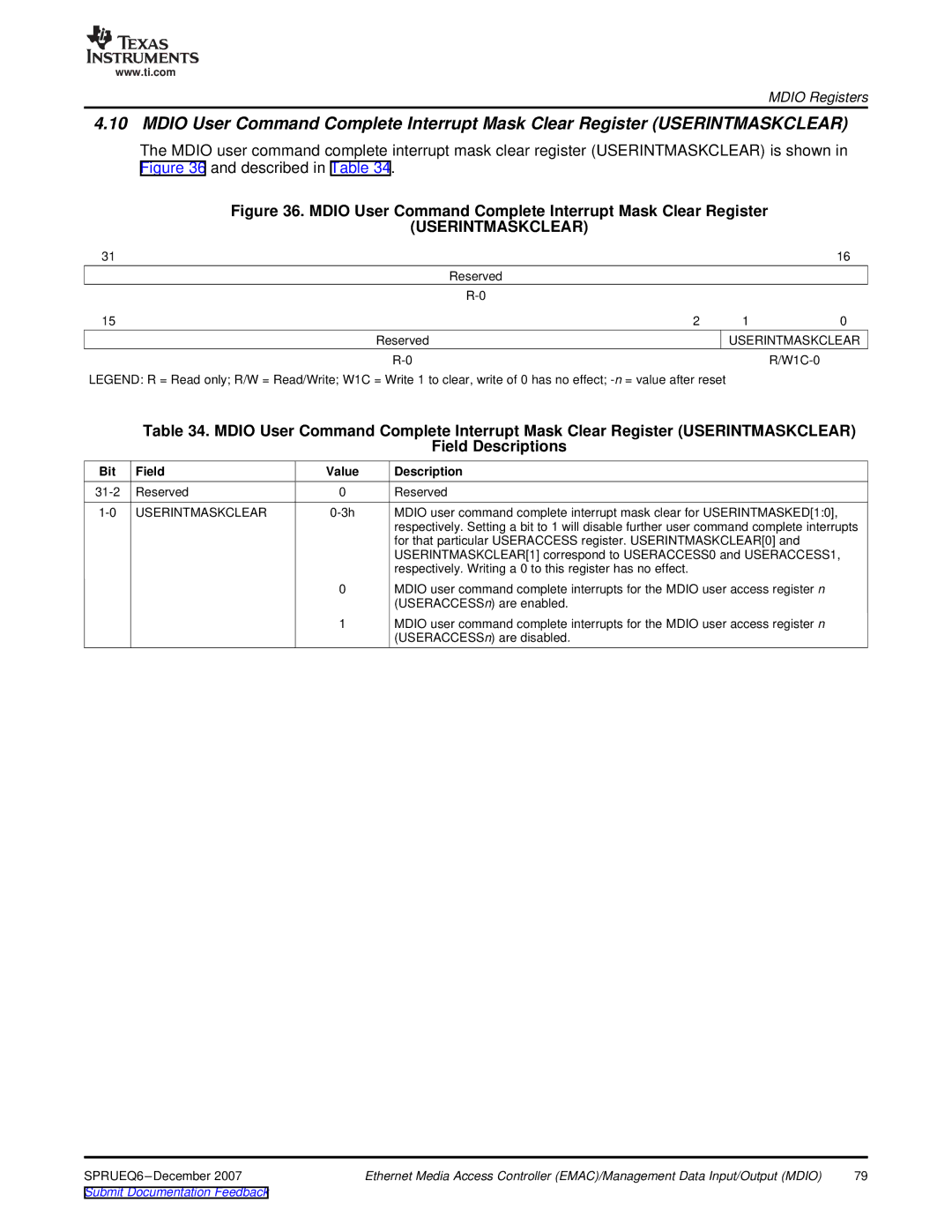 Texas Instruments TMS320DM646x manual Userintmaskclear 