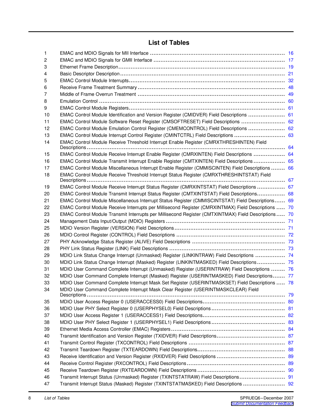 Texas Instruments TMS320DM646x manual List of Tables 