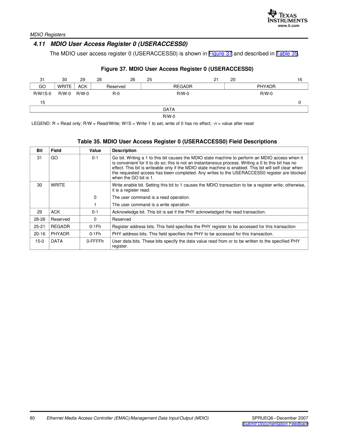 Texas Instruments TMS320DM646x manual Mdio User Access Register 0 USERACCESS0 