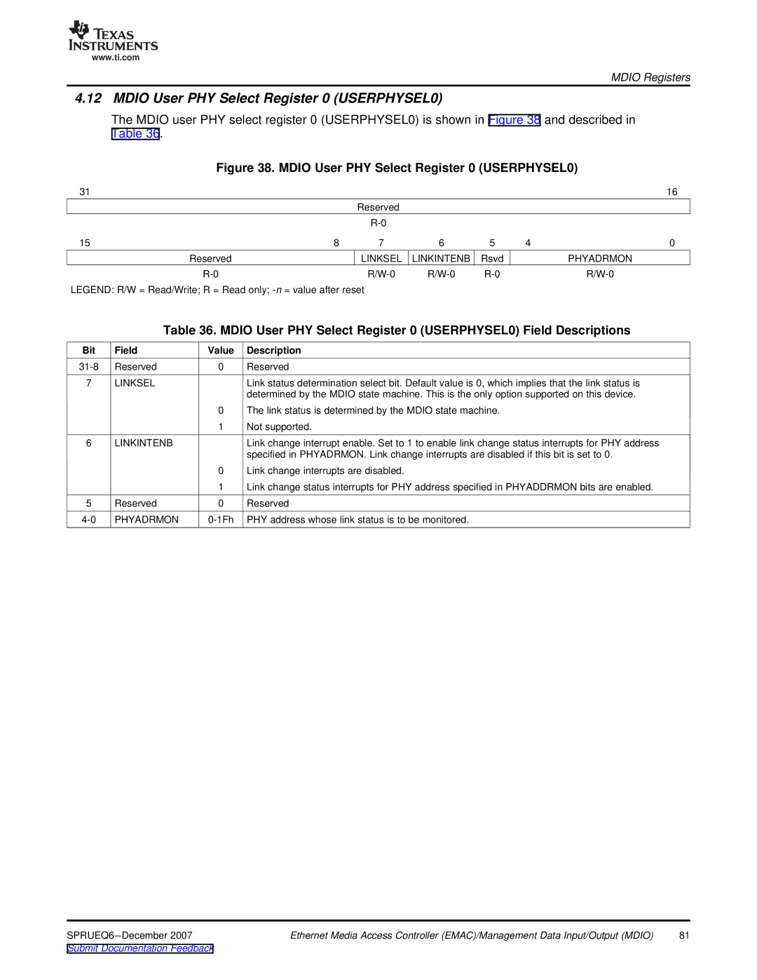 Texas Instruments TMS320DM646x manual Mdio User PHY Select Register 0 USERPHYSEL0, Linksel Linkintenb, Phyadrmon 