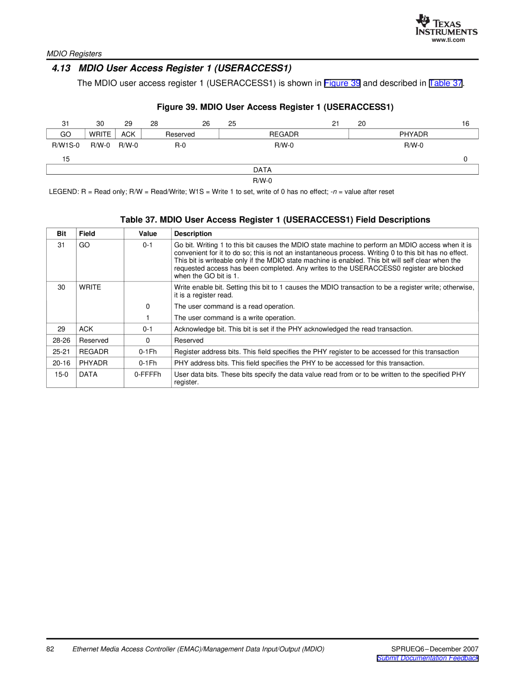 Texas Instruments TMS320DM646x manual Mdio User Access Register 1 USERACCESS1 