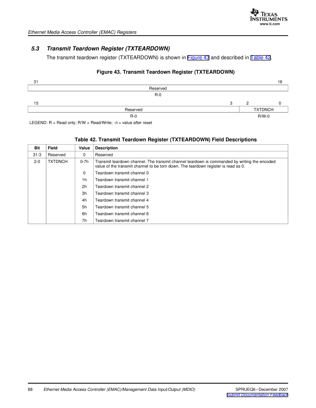 Texas Instruments TMS320DM646x manual Transmit Teardown Register Txteardown, Txtdnch 