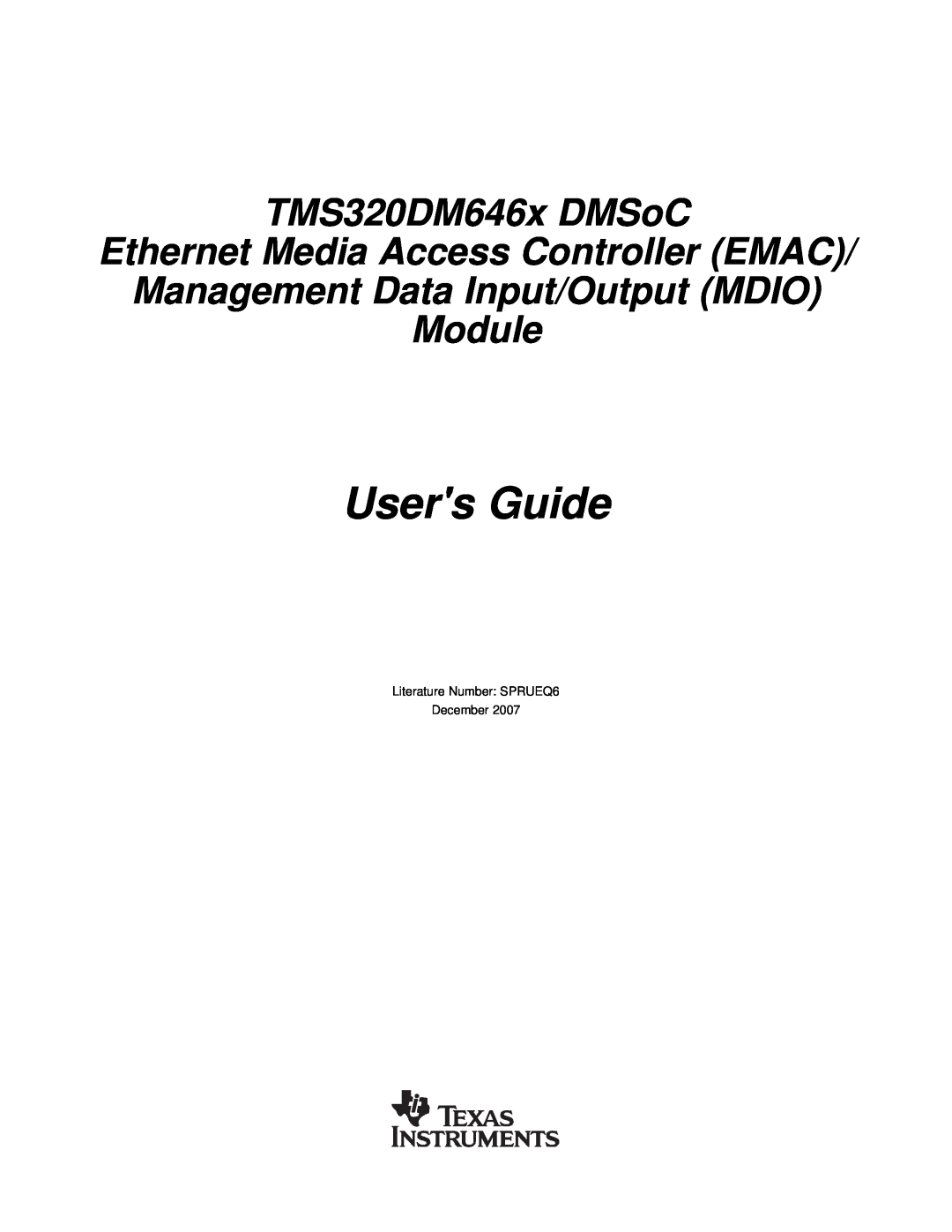 Texas Instruments manual Users Guide, TMS320DM646x DMSoC Ethernet Media Access Controller EMAC 