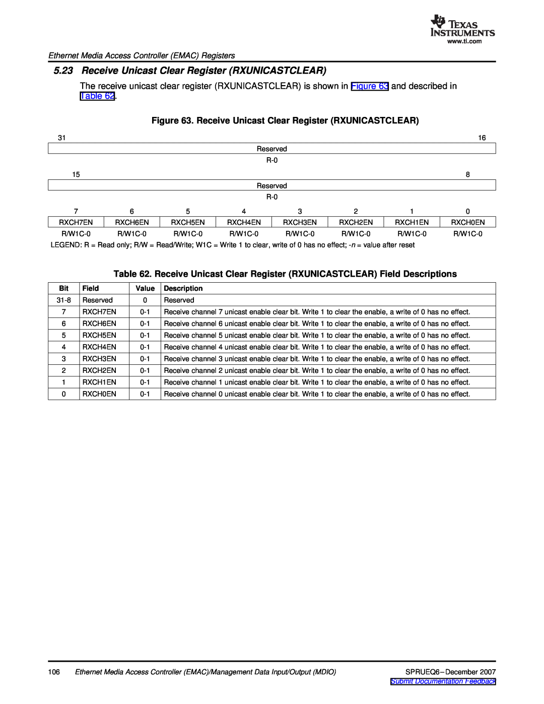 Texas Instruments TMS320DM646x manual Receive Unicast Clear Register RXUNICASTCLEAR, Field, Value, Description 