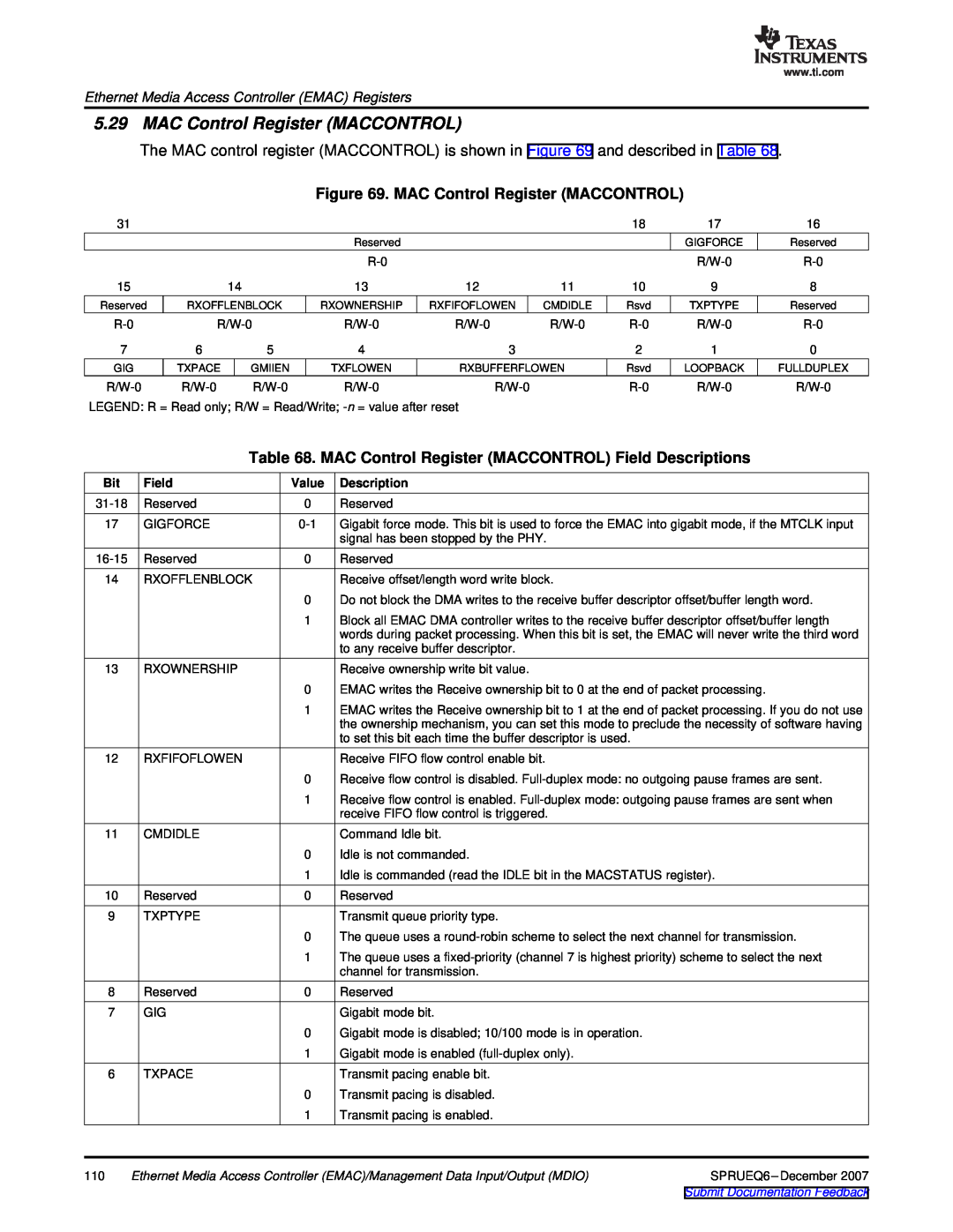 Texas Instruments TMS320DM646x manual MAC Control Register MACCONTROL Field Descriptions, Value 