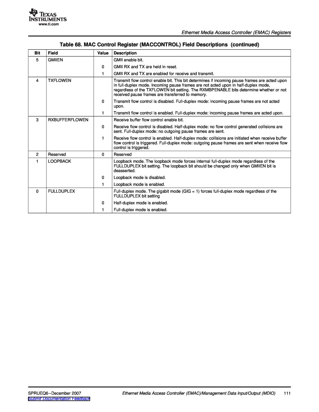 Texas Instruments TMS320DM646x manual Field, Description, Submit Documentation Feedback, Value 