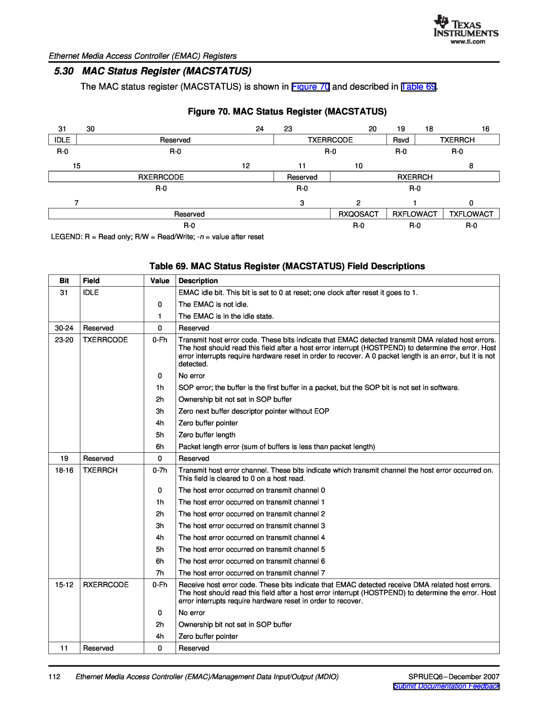 Texas Instruments TMS320DM646x manual MAC Status Register MACSTATUS Field Descriptions, Submit Documentation Feedback 