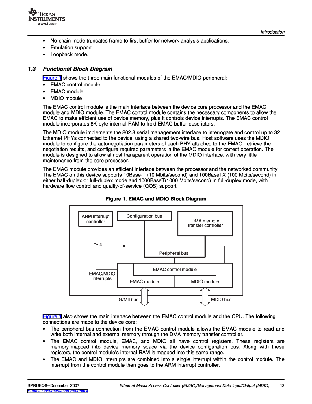 Texas Instruments TMS320DM646x manual Functional Block Diagram, EMAC and MDIO Block Diagram 