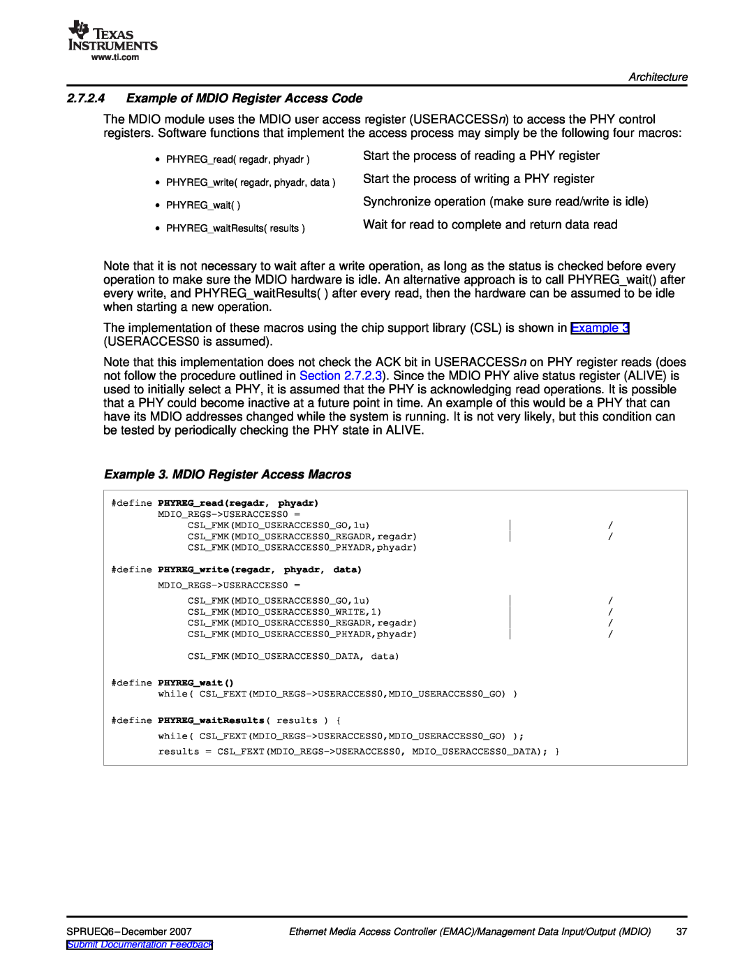 Texas Instruments TMS320DM646x manual Example of MDIO Register Access Code, Example 3. MDIO Register Access Macros 