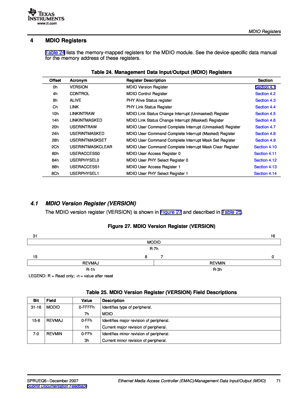Texas Instruments TMS320DM646x manual MDIO Version Register VERSION, Management Data Input/Output MDIO Registers 