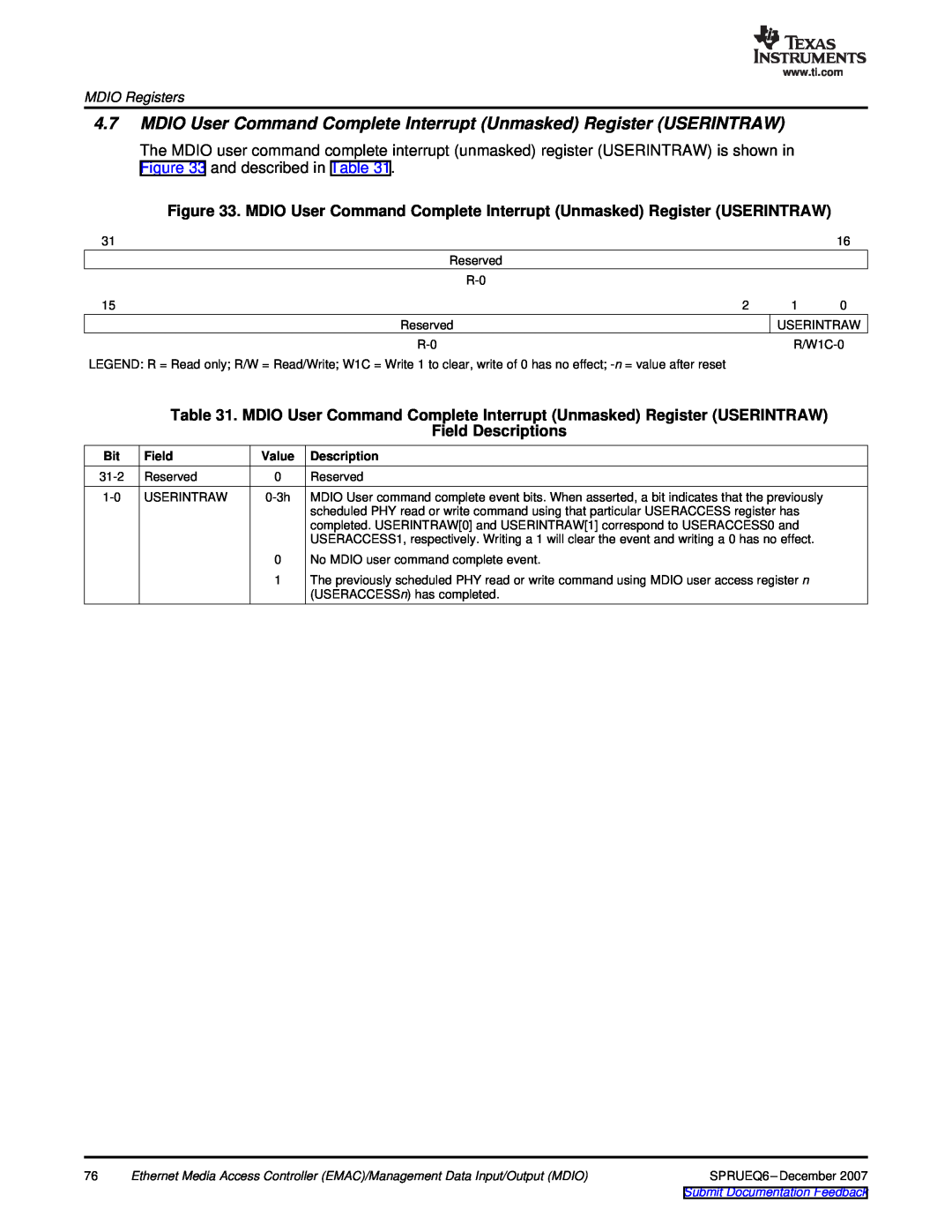 Texas Instruments TMS320DM646x manual MDIO User Command Complete Interrupt Unmasked Register USERINTRAW, Field Descriptions 