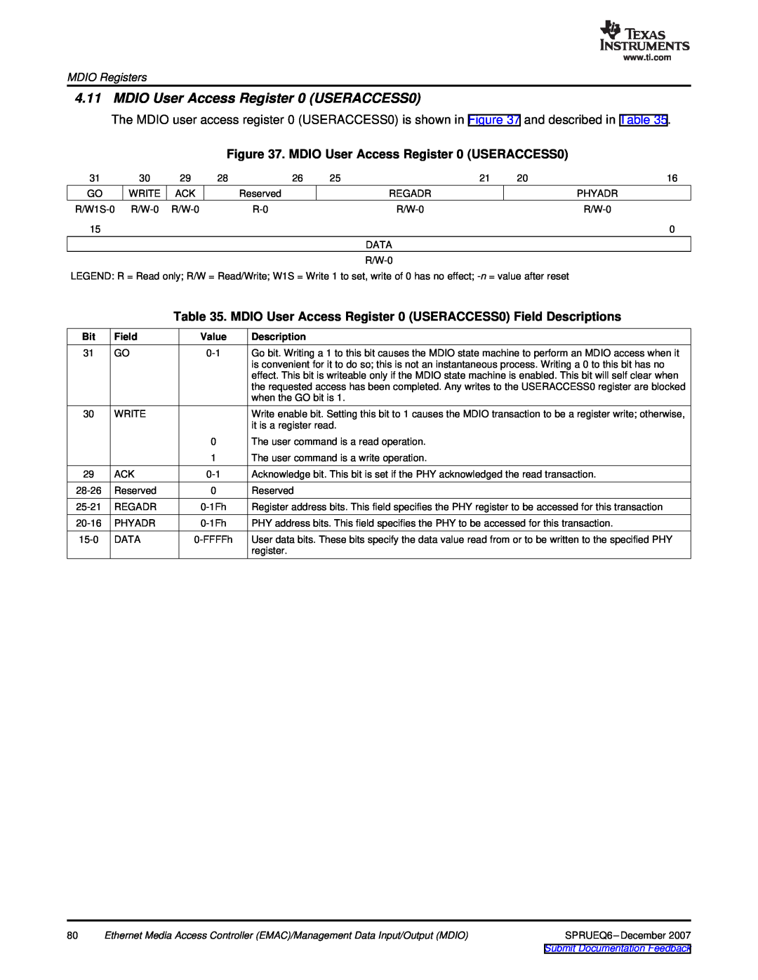 Texas Instruments TMS320DM646x manual MDIO User Access Register 0 USERACCESS0, MDIO Registers, Field, Description 