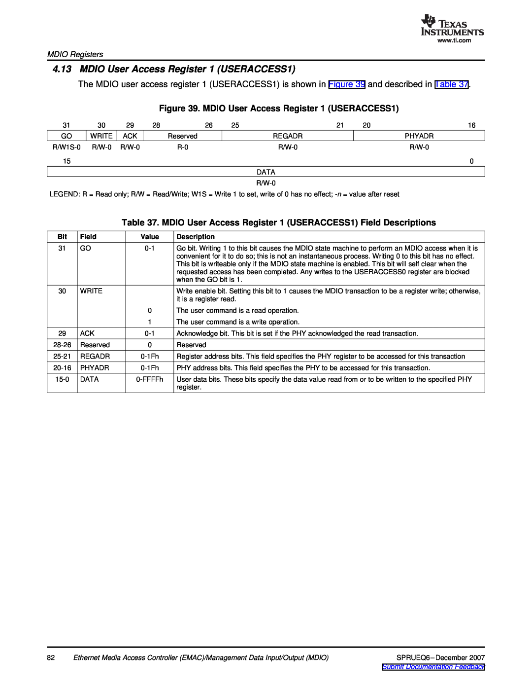 Texas Instruments TMS320DM646x manual MDIO User Access Register 1 USERACCESS1, MDIO Registers, Field, Description 
