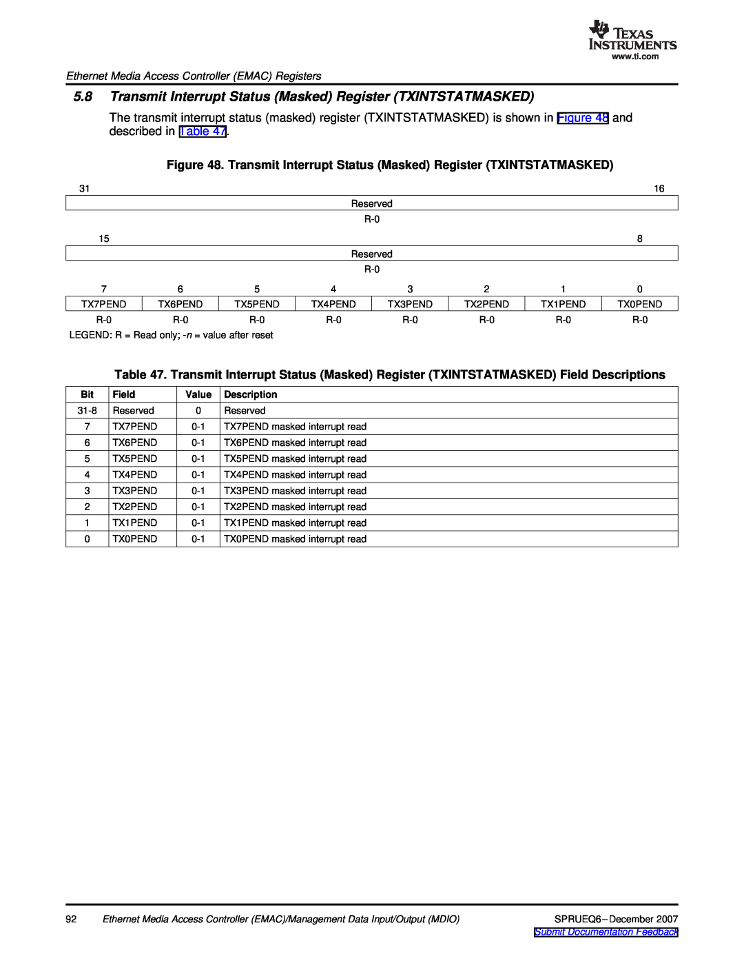 Texas Instruments TMS320DM646x manual Transmit Interrupt Status Masked Register TXINTSTATMASKED, Field, Value, Description 