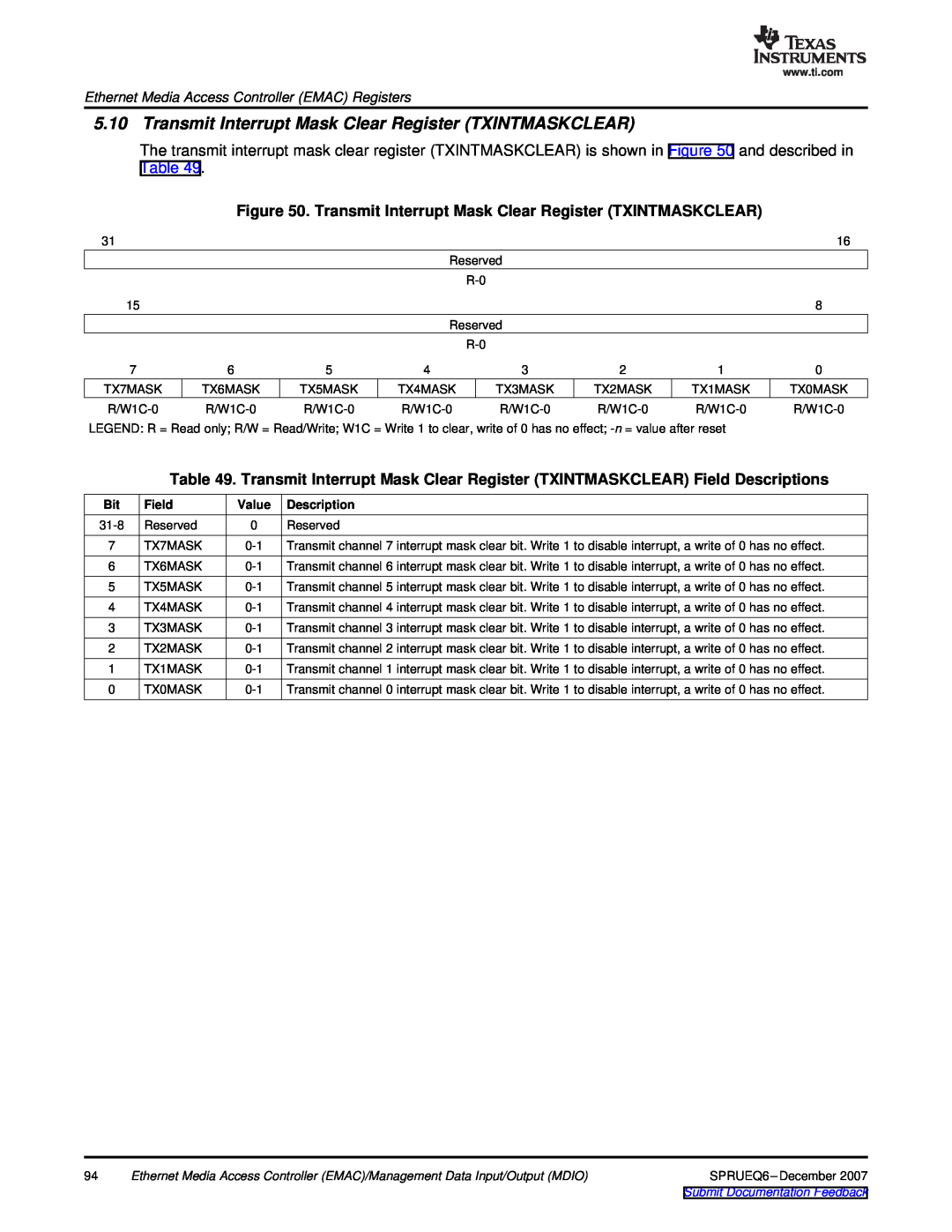 Texas Instruments TMS320DM646x manual Transmit Interrupt Mask Clear Register TXINTMASKCLEAR, Field, Value, Description 