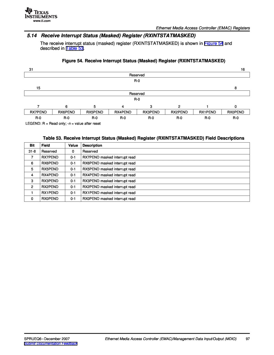Texas Instruments TMS320DM646x manual Receive Interrupt Status Masked Register RXINTSTATMASKED, Field, Value, Description 