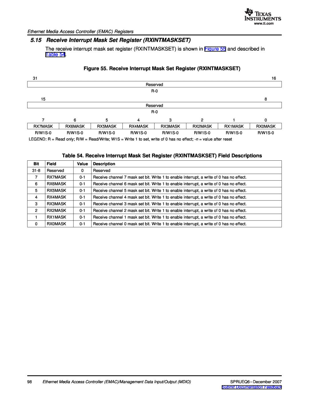 Texas Instruments TMS320DM646x manual Receive Interrupt Mask Set Register RXINTMASKSET, Field, Value, Description 