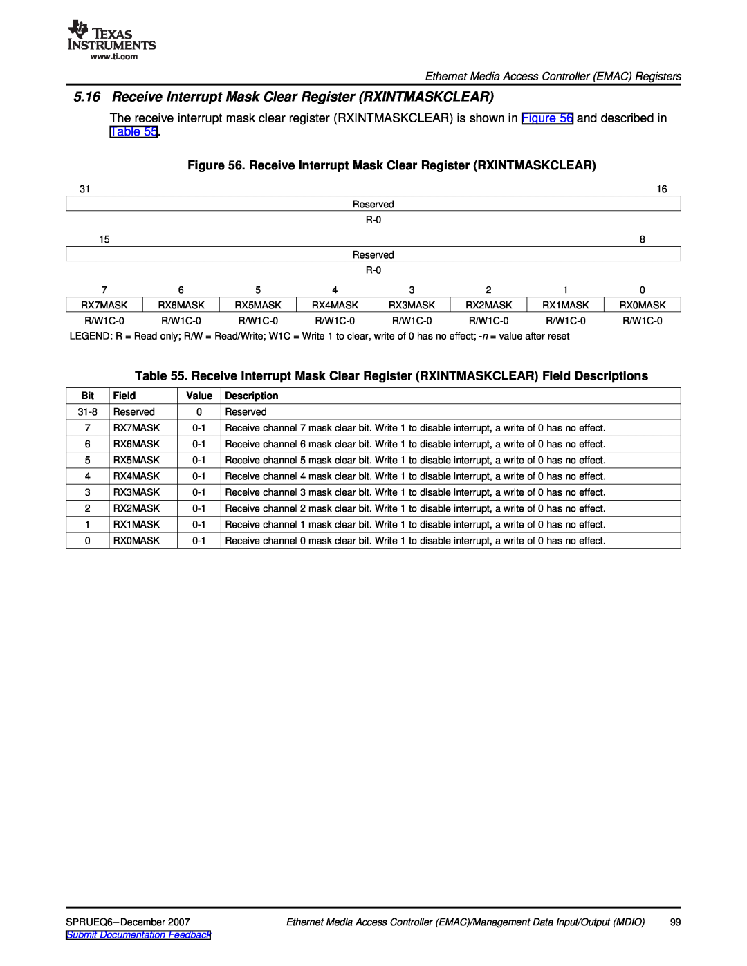 Texas Instruments TMS320DM646x manual Receive Interrupt Mask Clear Register RXINTMASKCLEAR, Field, Value, Description 