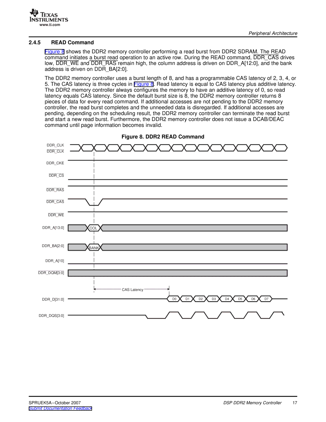 Texas Instruments DM648 DSP, TMS320DM647 manual DDR2 Read Command 