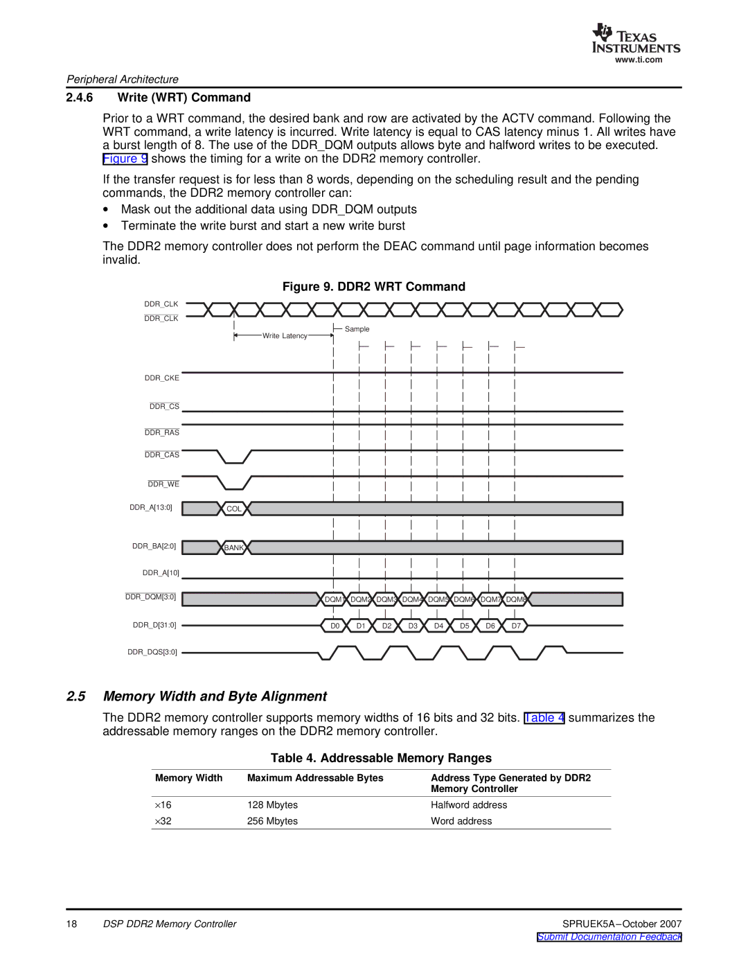 Texas Instruments TMS320DM647, DM648 DSP Memory Width and Byte Alignment, Write WRT Command, Addressable Memory Ranges 