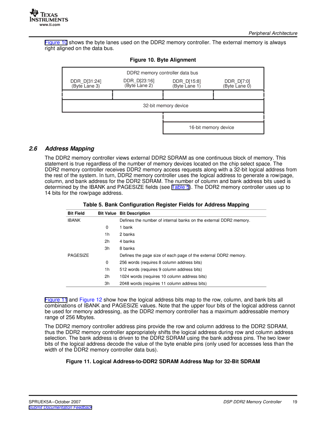 Texas Instruments DM648 DSP, TMS320DM647 manual Bank Configuration Register Fields for Address Mapping, Ibank, Pagesize 