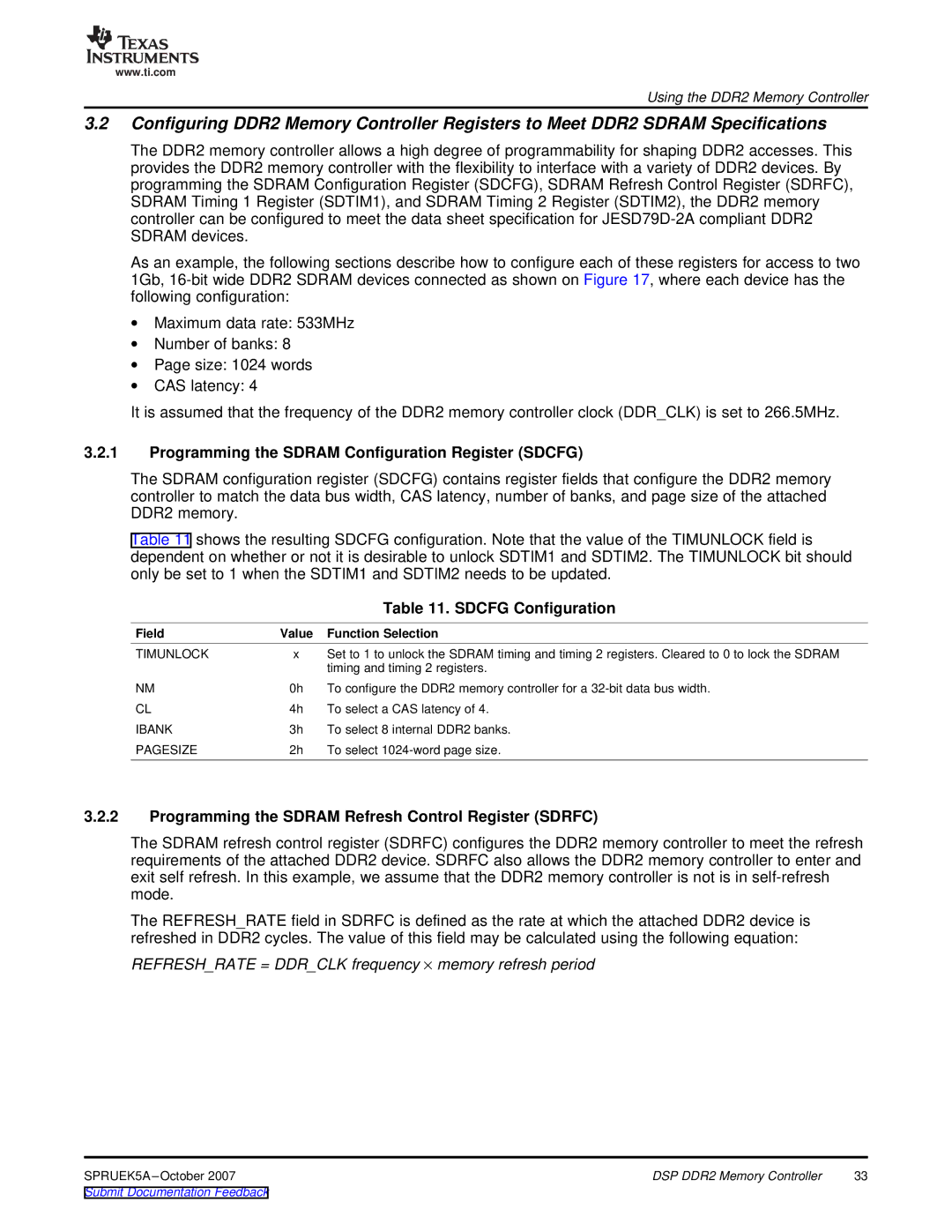 Texas Instruments DM648 DSP Programming the Sdram Configuration Register Sdcfg, Sdcfg Configuration, Function Selection 