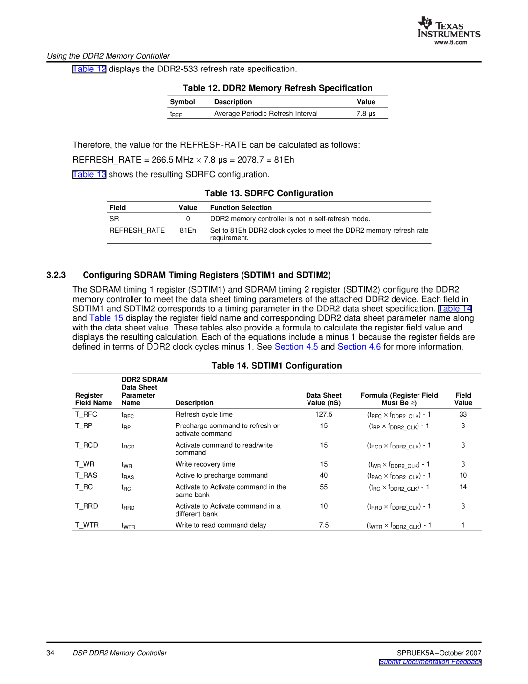 Texas Instruments TMS320DM647, DM648 DSP manual DDR2 Memory Refresh Specification, Sdrfc Configuration, SDTIM1 Configuration 