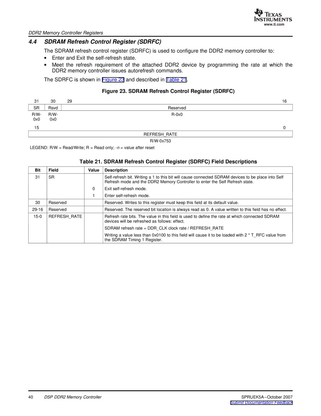 Texas Instruments TMS320DM647, DM648 DSP manual Sdram Refresh Control Register Sdrfc 