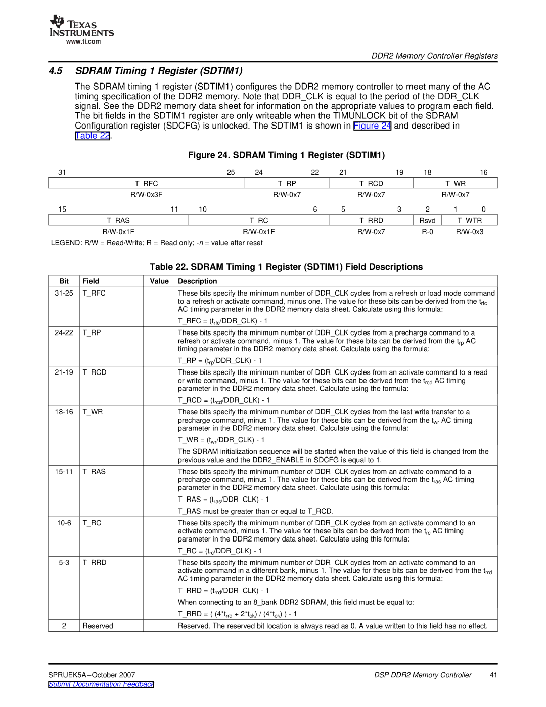 Texas Instruments DM648 DSP manual Sdram Timing 1 Register SDTIM1 Field Descriptions, Trfc TRP Trcd TWR, Tras TRC Trrd 