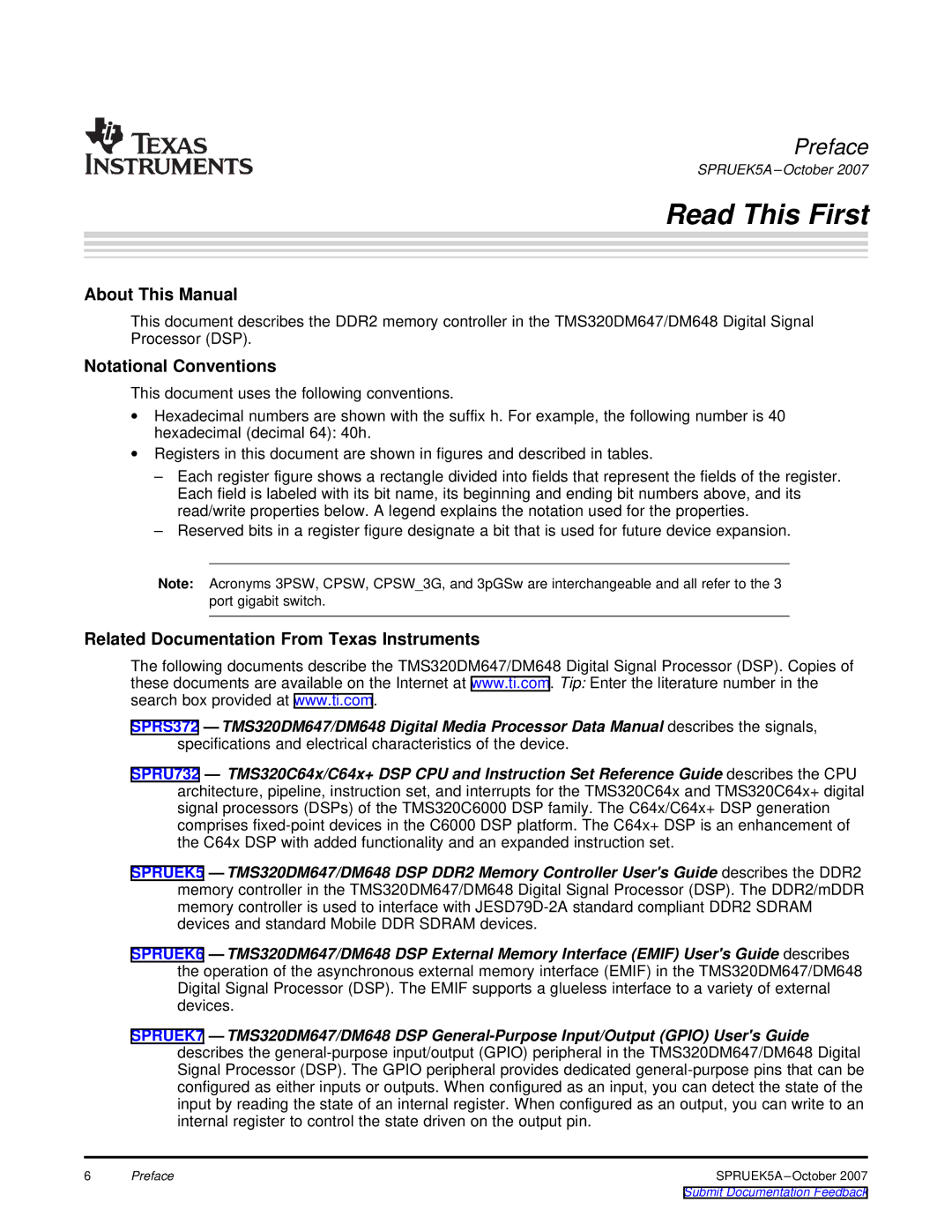 Texas Instruments TMS320DM647, DM648 DSP manual Read This First 